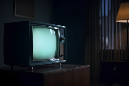 Retro TV on the table in the dark room, vintage styleの素材