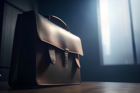 Black leather briefcase on a wooden table in a dark room.の素材