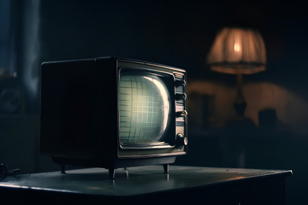 Old TV on the table in a dark room. Selective focusの素材
