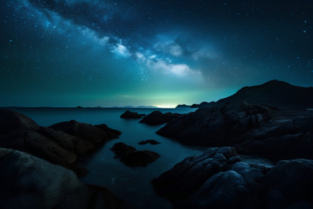 Milky Way over a rocky beach at night. 3d rendering