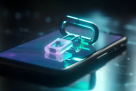 Smartphone with locked padlock on dark background. 3d renderの素材