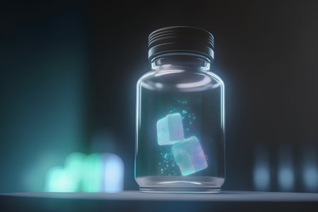 3d rendering of a glass bottle with ice cubes inside on a dark backgroundの素材