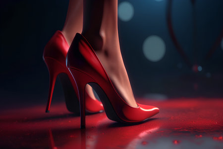 Beautiful female legs in red high heels on a dark background. 3d renderingの素材