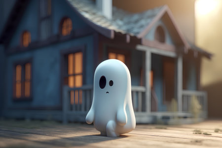 ghost in front of a house. 3d render. Halloween conceptの素材