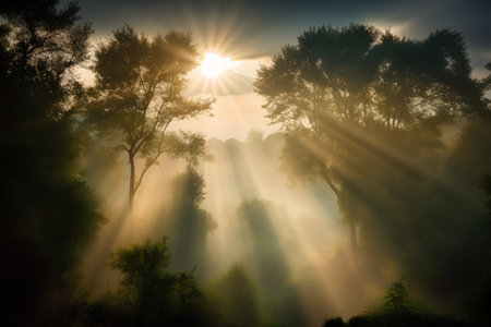 Sunrise in the misty forest with trees and rays of lightの素材