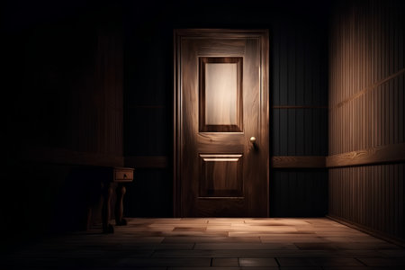 Wooden door in dark room with wooden bench. 3d renderの素材