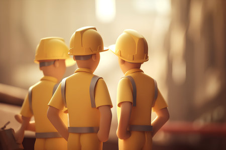 Group of construction workers with hard hats standing in a row. Selective focus.の素材