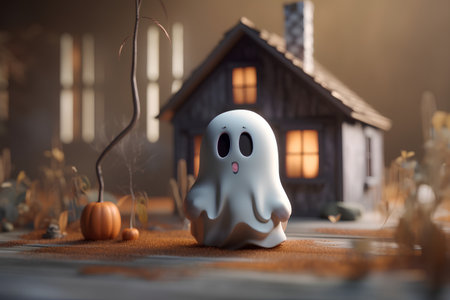 ghost and house in the background, halloween concept, 3d renderの素材
