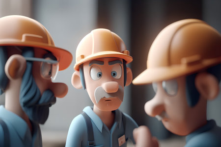 Plasticine construction workers in helmets and hardhats. Selective focus.の素材