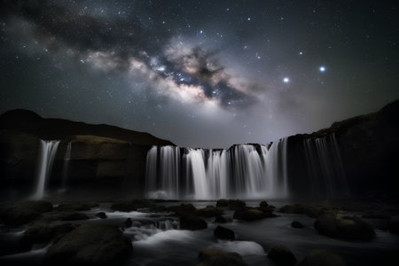 Starry sky and milky way over a waterfall in the mountainsの素材