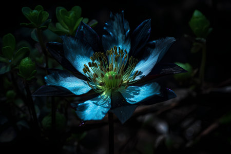 Beautiful blue flower on a dark background, close-up.の素材