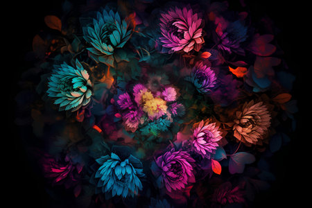 Abstract floral background. Multicolored flowers on a black background.の素材
