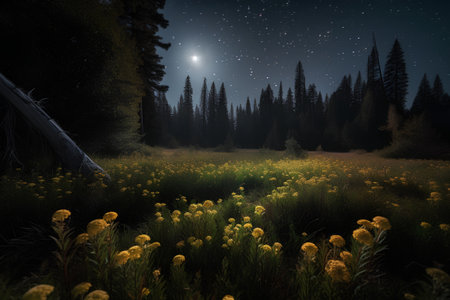 Night in the forest. Starry sky and yellow wildflowersの素材