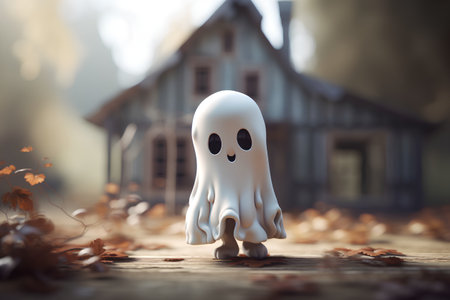 ghost in front of a haunted house on a background of autumn leavesの素材