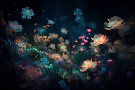 Beautiful fantasy flowers on a dark background. 3D illustration.の素材