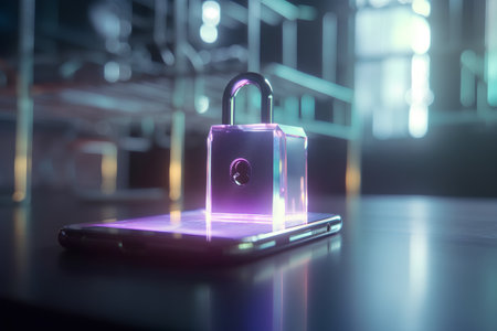 Cyber security concept. Padlock on smartphone. 3D Renderingの素材