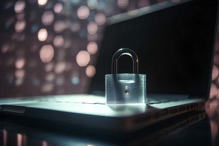 Laptop and padlock on the table. The concept of cyber security.の素材