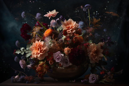 Bouquet of dried flowers in a vase on a dark backgroundの素材