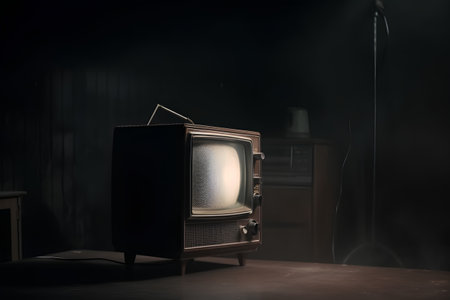 Old TV on the table in a dark room with smoke and fogの素材