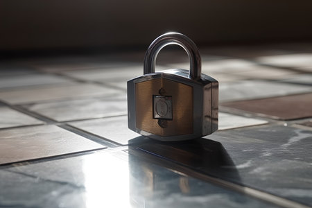 Padlock on the marble floor, close-up, selective focusの素材