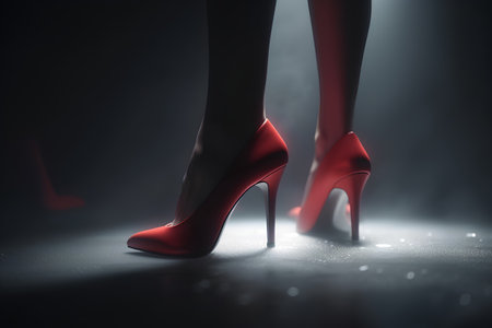 Female legs in red high-heeled shoes on a dark backgroundの素材