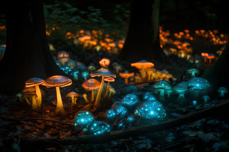 Mushrooms in the forest at night. Fairytale landscape.の素材