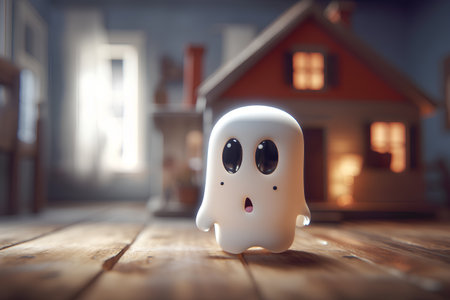 ghost and house on the wooden table. halloween concept.の素材
