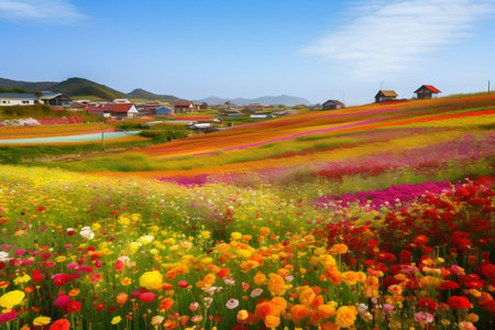 Colorful cosmos flower field with blue sky and mountain in background.の素材