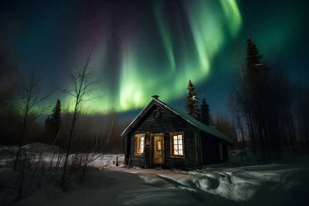 Aurora borealis, northern lights over wooden house in winter forestの素材