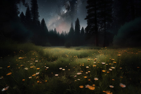 Beautiful fantasy landscape with meadow and wildflowers at nightの素材