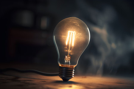 An illuminated incandescent light bulb on a dark background with smokeの素材