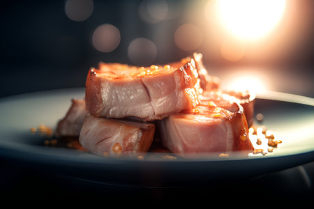 Grilled pork belly on a white plate. Selective focus.の素材
