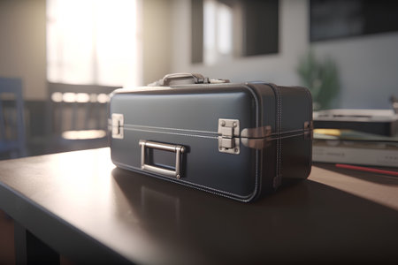 Black briefcase on the table in the office. 3d renderingの素材