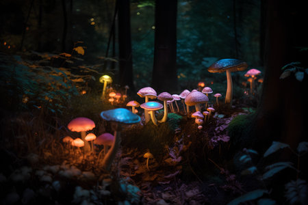 Mushrooms in the forest at night. Selective focus.の素材