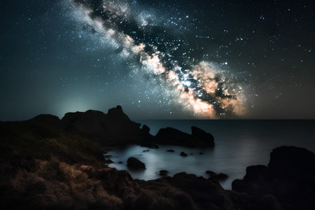 Milky way over the sea with stars and rocks in the foregroundの素材