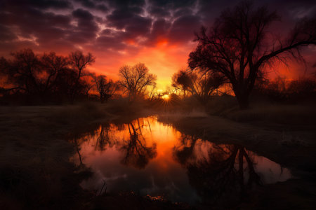 Sunset over a small river with reflection of trees in the waterの素材