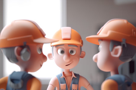 Plasticine robot and engineer with safety helmets in the factory.の素材