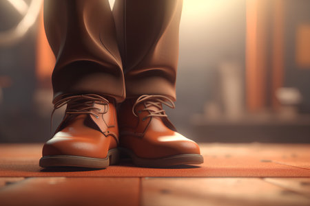 Close up of man's feet in brown leather shoes on the floorの素材