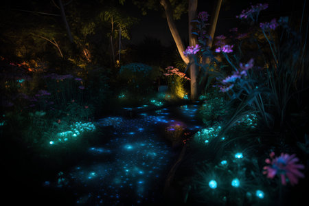 Night view of a pond with flowers in the garden. 3D renderingの素材