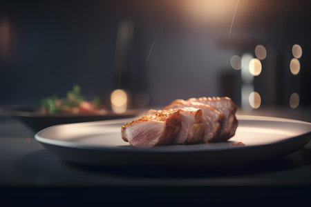Roast pork on a plate in the kitchen. Selective focus.の素材