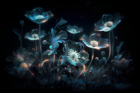Blue flowers on a black background. Digital painting. 3d renderingの素材