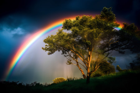 Rainbow over a tree on a hillside with a dark skyの素材