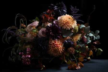 beautiful bouquet of autumn flowers on a black background in studioの素材