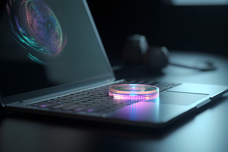 Laptop with glowing hologram on it. 3d rendering.の素材