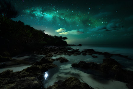 Milky Way over the sea with rocks and plants in the foregroundの素材
