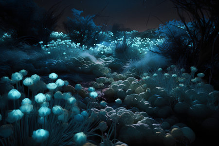 3D illustration of a fantasy landscape with grass and flowers at nightの素材