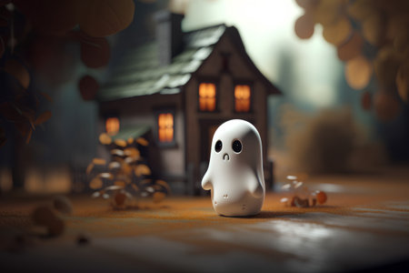 ghost in front of a house on a background of autumn leaves.の素材