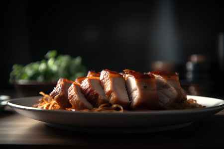Roast duck with noodle on wooden table in dark tone.の素材