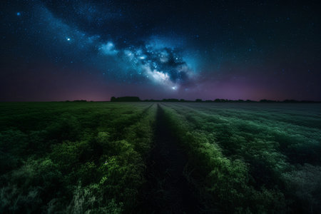 Milky Way over a field with grass and trees at night.の素材