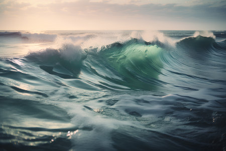Beautiful wave in the ocean at sunset. Natural background. Toned.の素材
